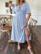 Floral V-Neck Waist-Cinched A-Line Dress