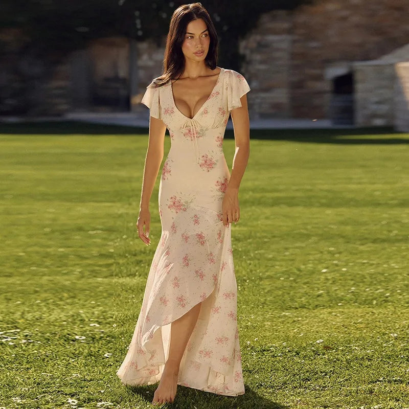 French Floral Deep-V Flutter-Sleeve Mermaid Maxi Dress