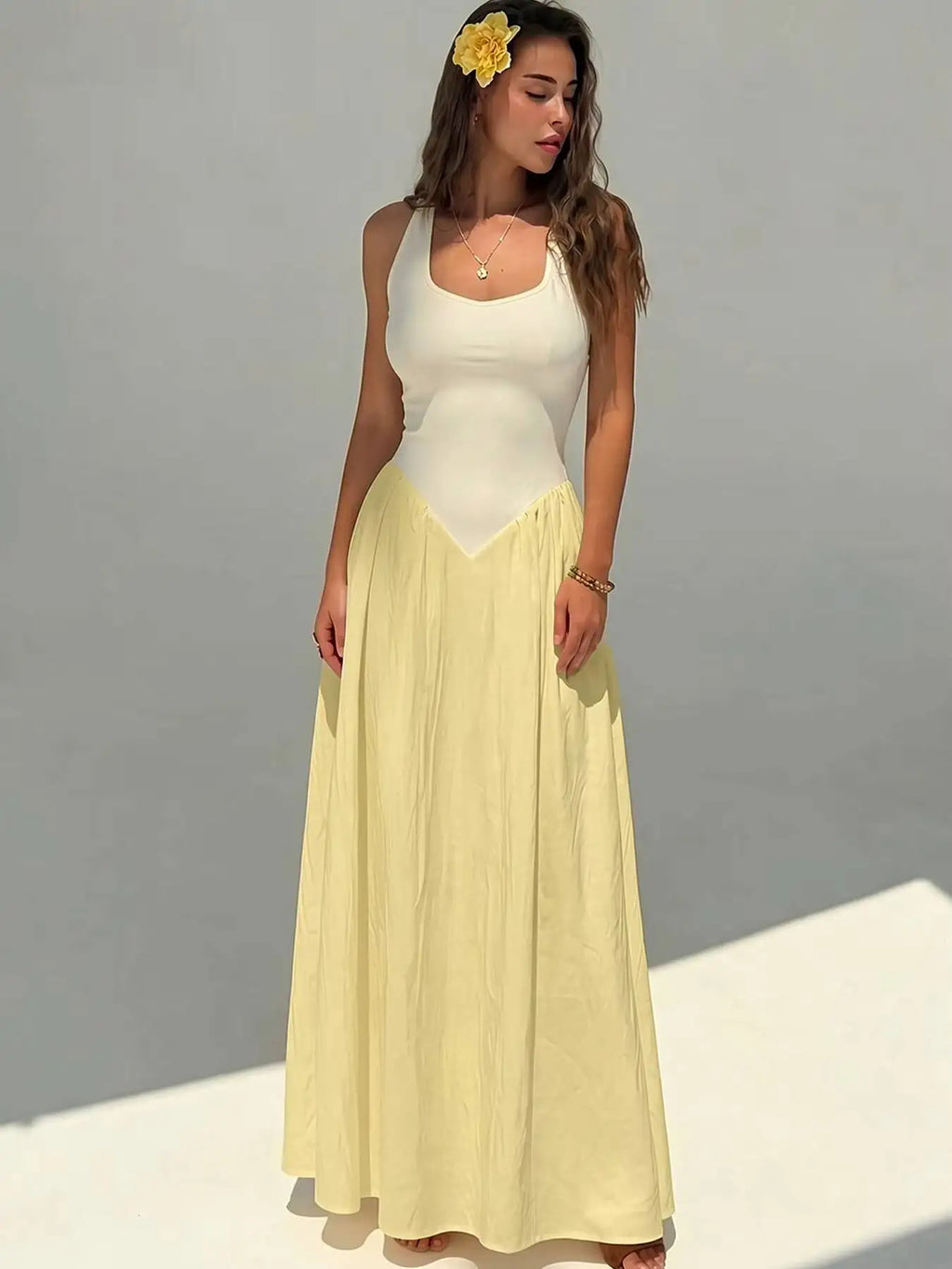 Color-Block Sleeveless A-Line Maxi Dress