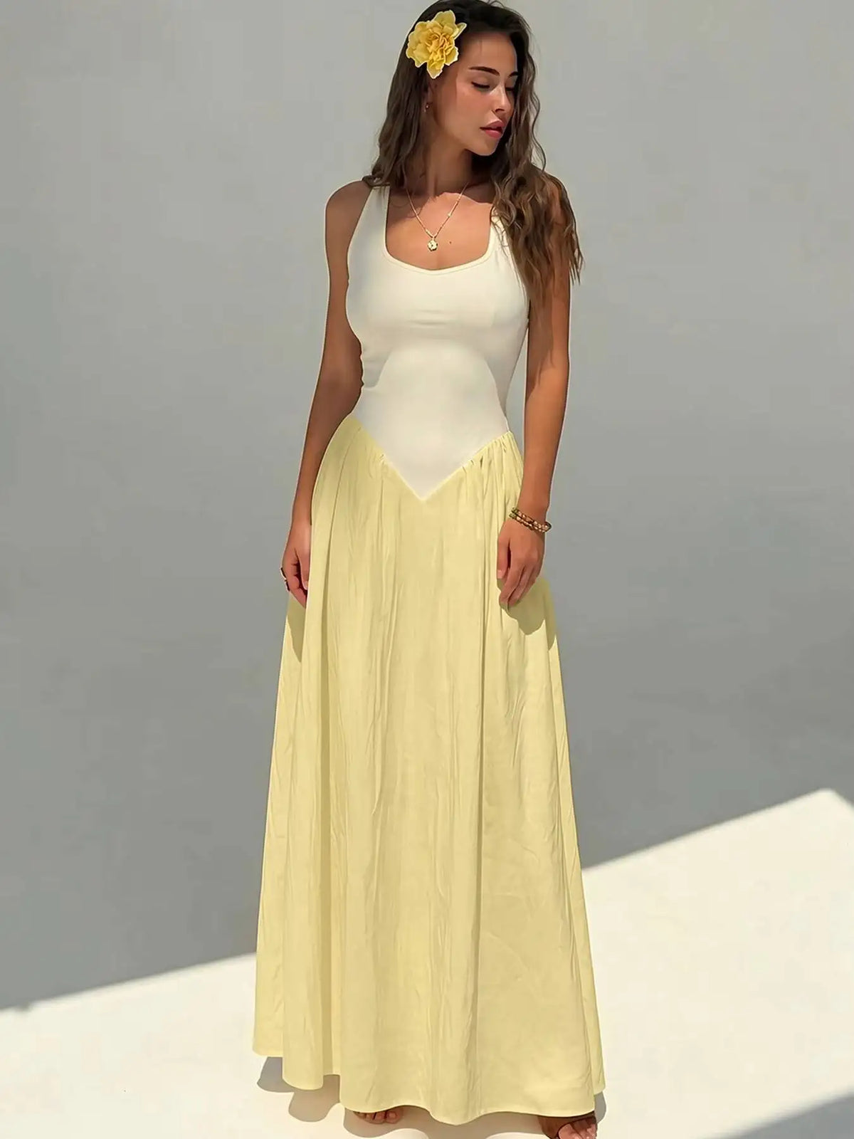 Color-Block Sleeveless A-Line Maxi Dress