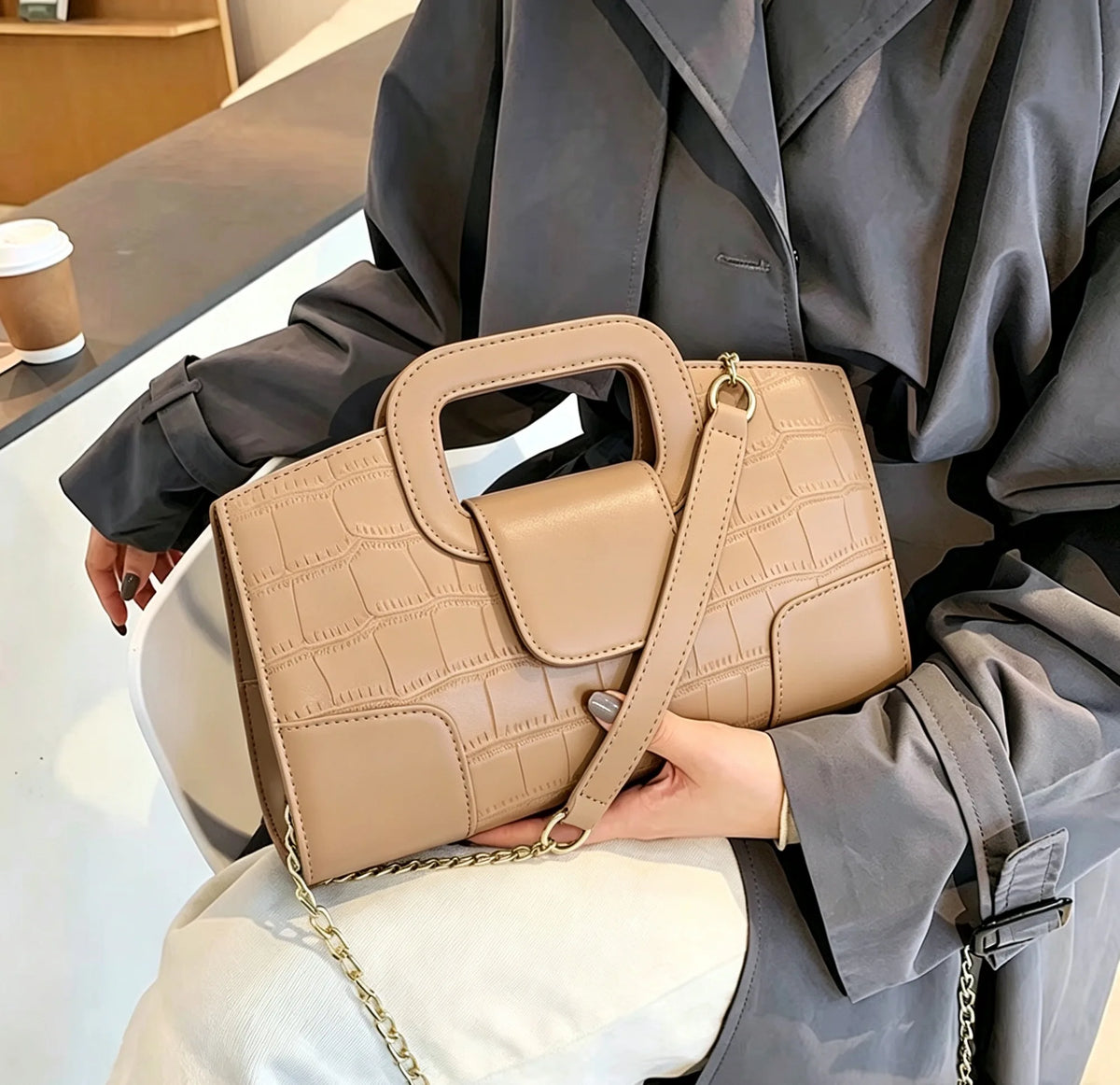 Croc-Grain Faux-Leather Evening Bag