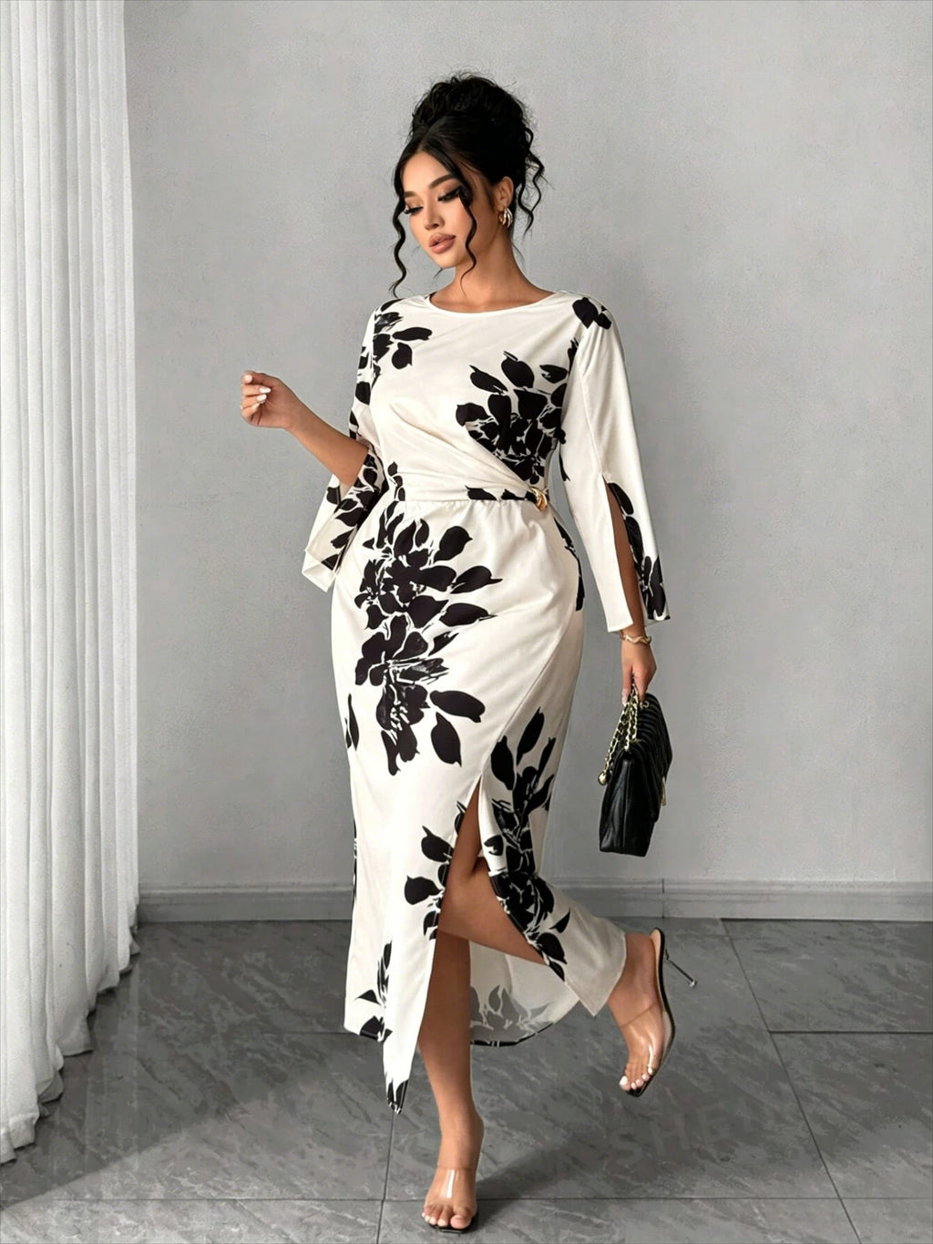 Printed Split-Cuff Slim Dress