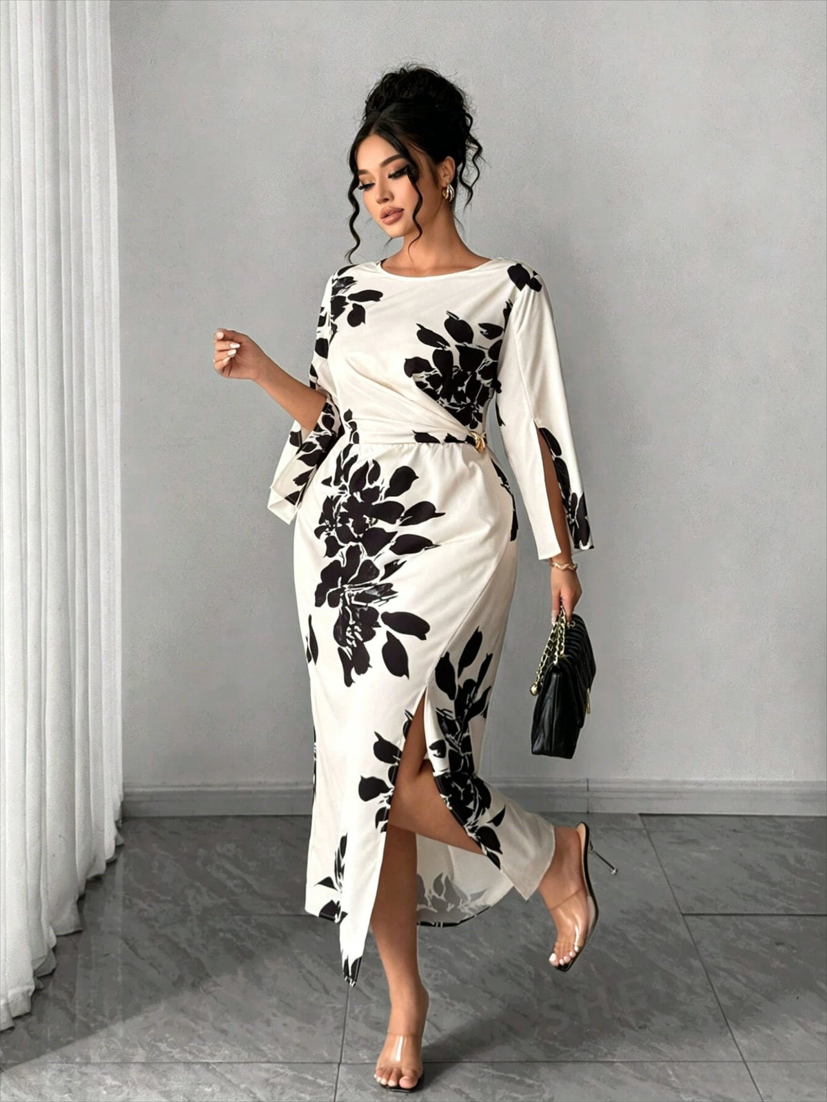 Printed Split-Cuff Slim Dress