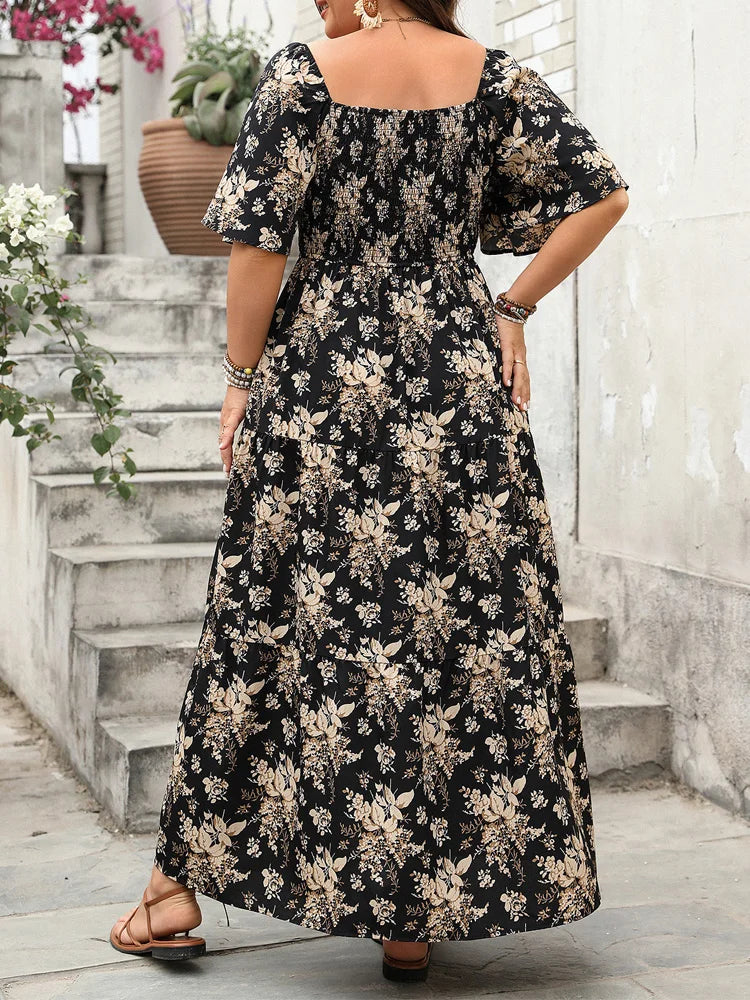 Floral Square-Neck Knot-Front Maxi Dress