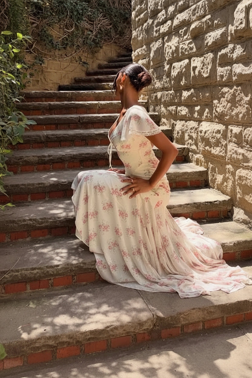 Floral Flutter-Sleeve Pleated Deep-V Dress