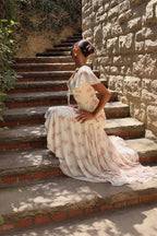 Floral Flutter-Sleeve Pleated Deep-V Dress