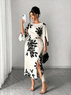 Printed Split-Cuff Slim Dress
