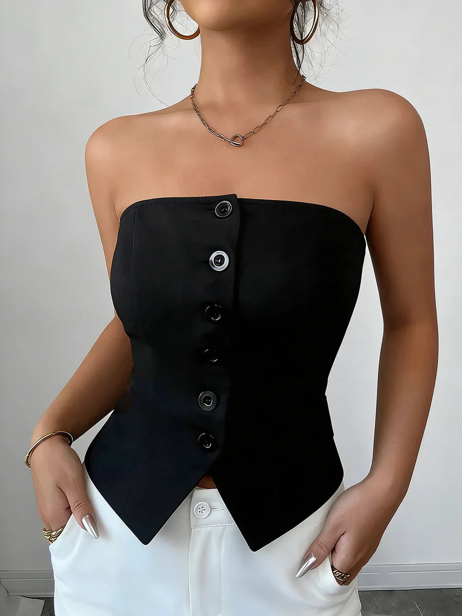 Strapless Button-Detail Corset Top