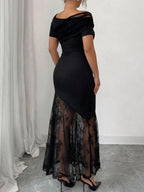 Asymmetric Neck Lace Patchwork Mermaid Maxi Dress