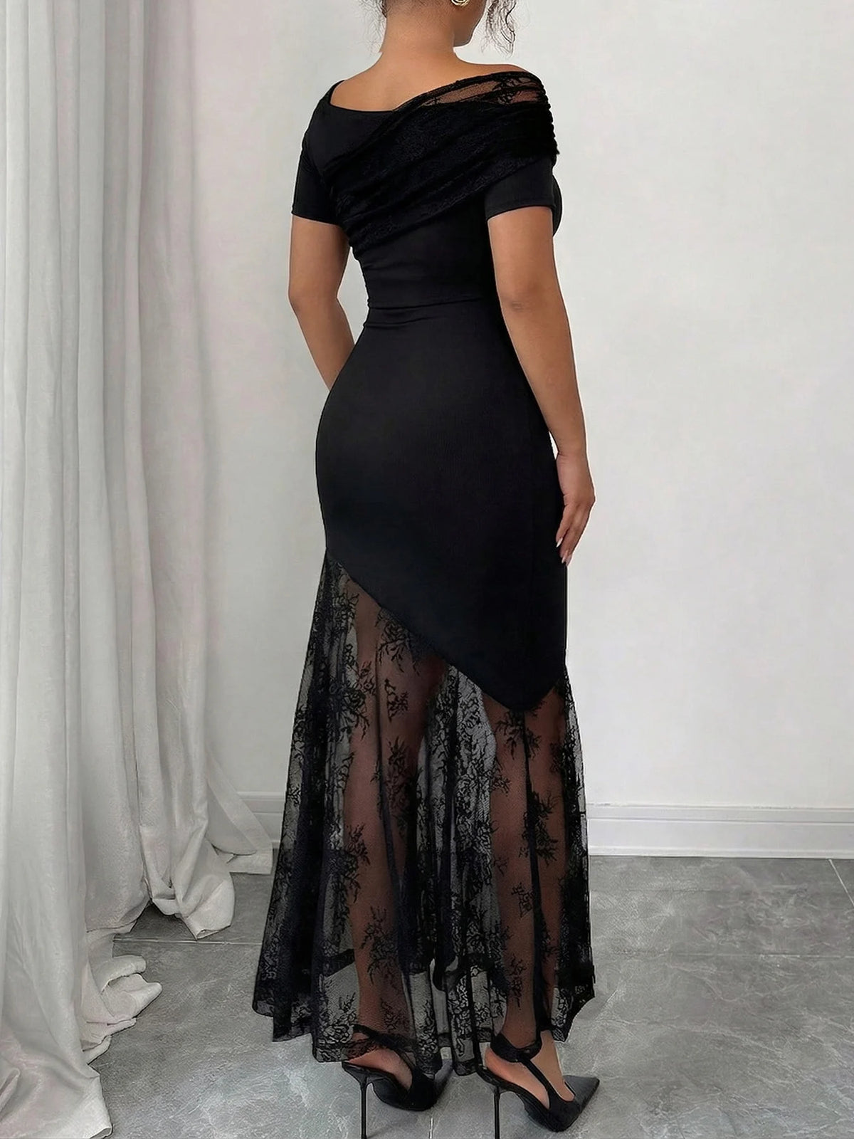 Asymmetric Neck Lace Patchwork Mermaid Maxi Dress