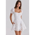 Cotton Lace Embroidered Bubble-Sleeve A-Line Mini Dress
