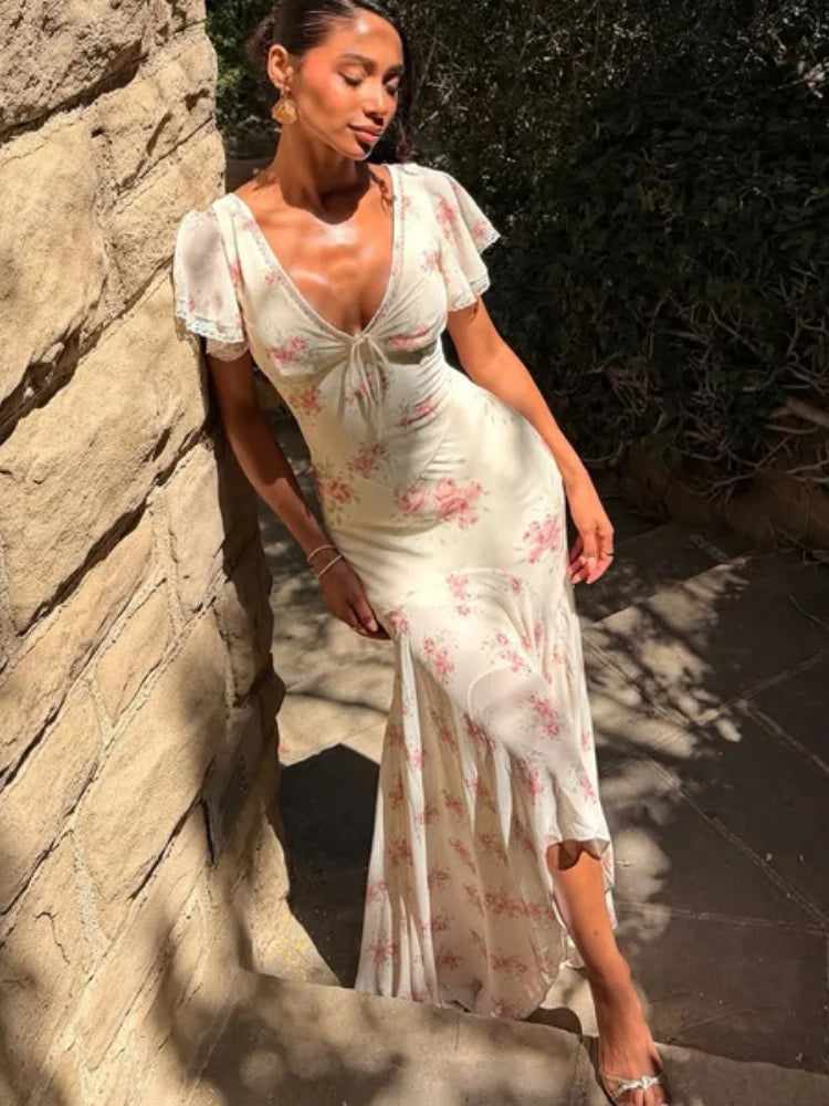 Floral Flutter-Sleeve Pleated Deep-V Dress