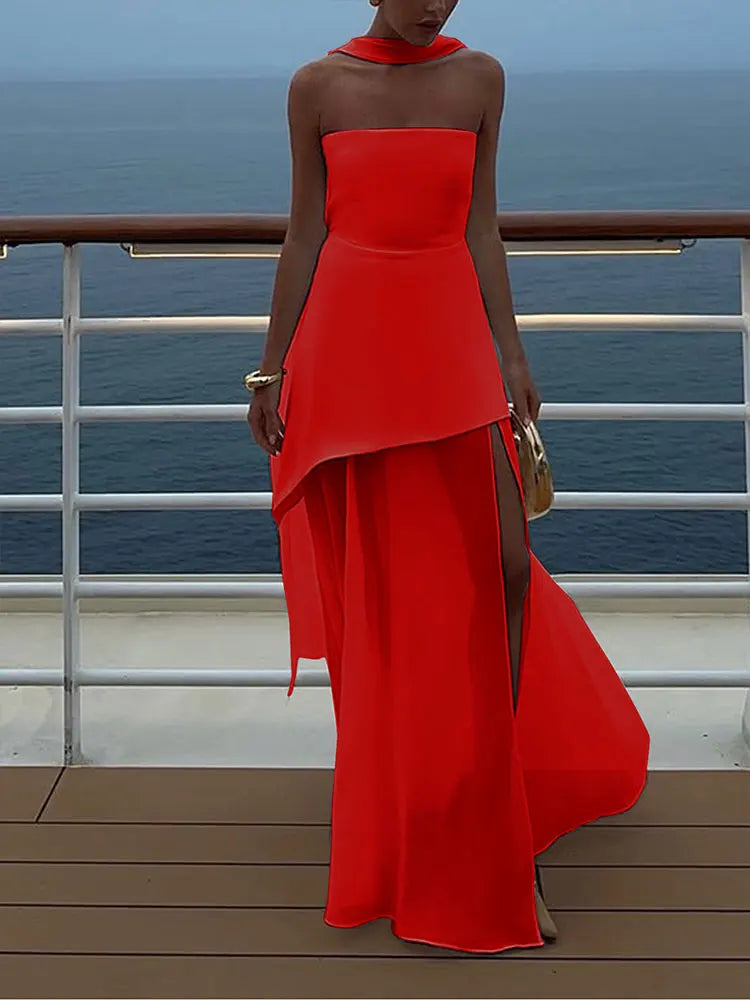 Sleeveless Side-Split Strapless Maxi Dress