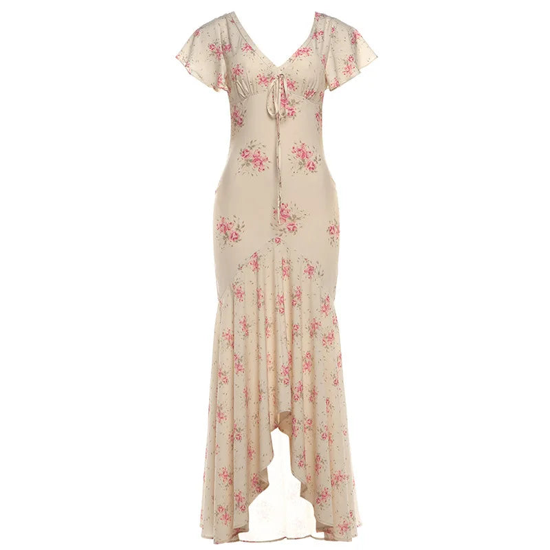 French Floral Deep-V Flutter-Sleeve Mermaid Maxi Dress
