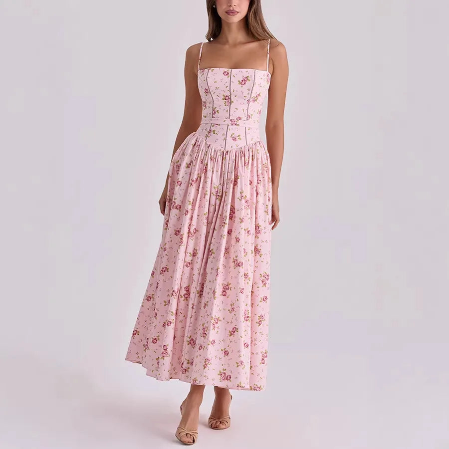 Floral Spaghetti-Strap Backless Corset Maxi Dress