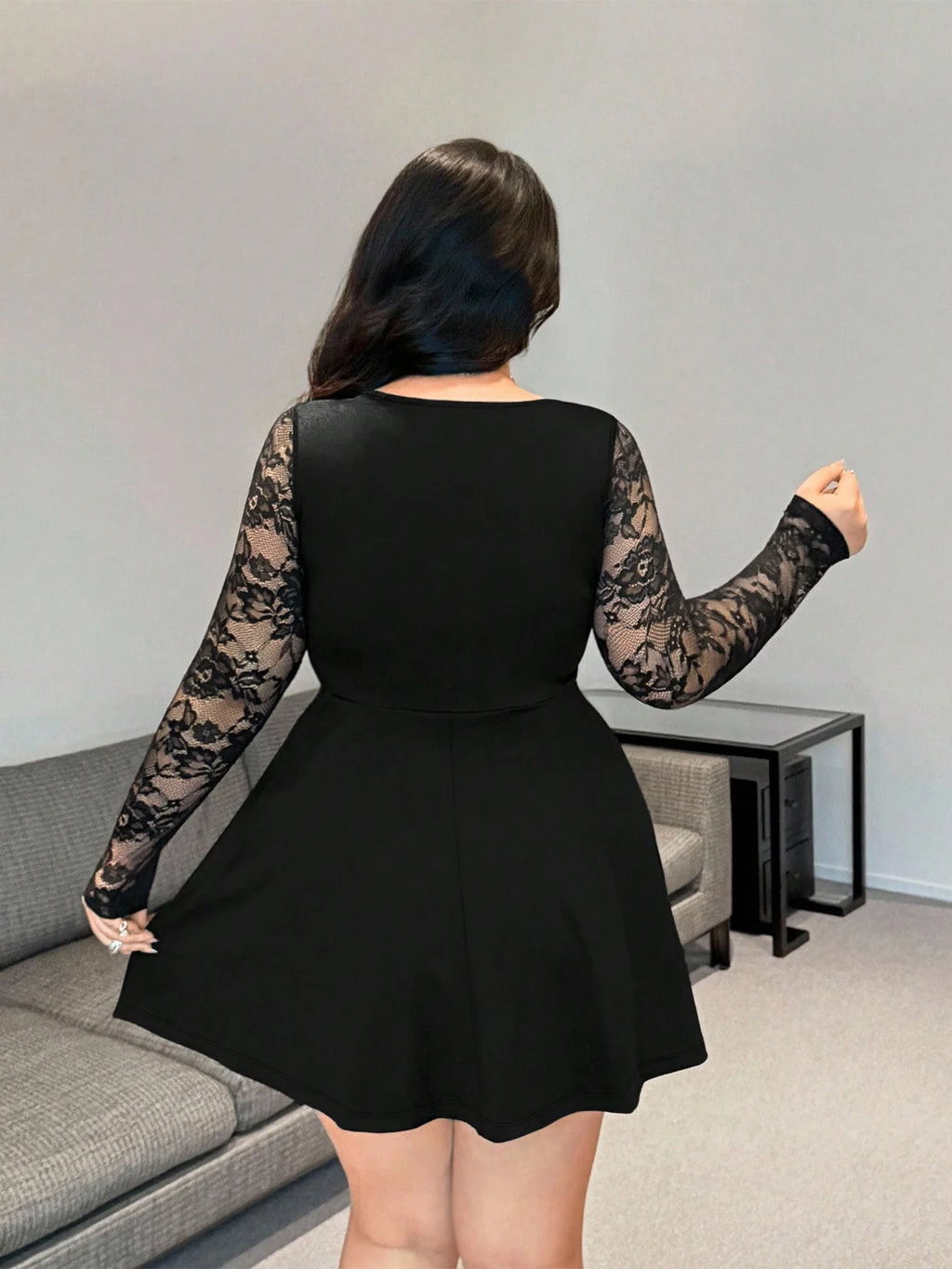 Lace Long-Sleeve Ruched Mini Dress