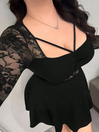 Lace Long-Sleeve Ruched Mini Dress