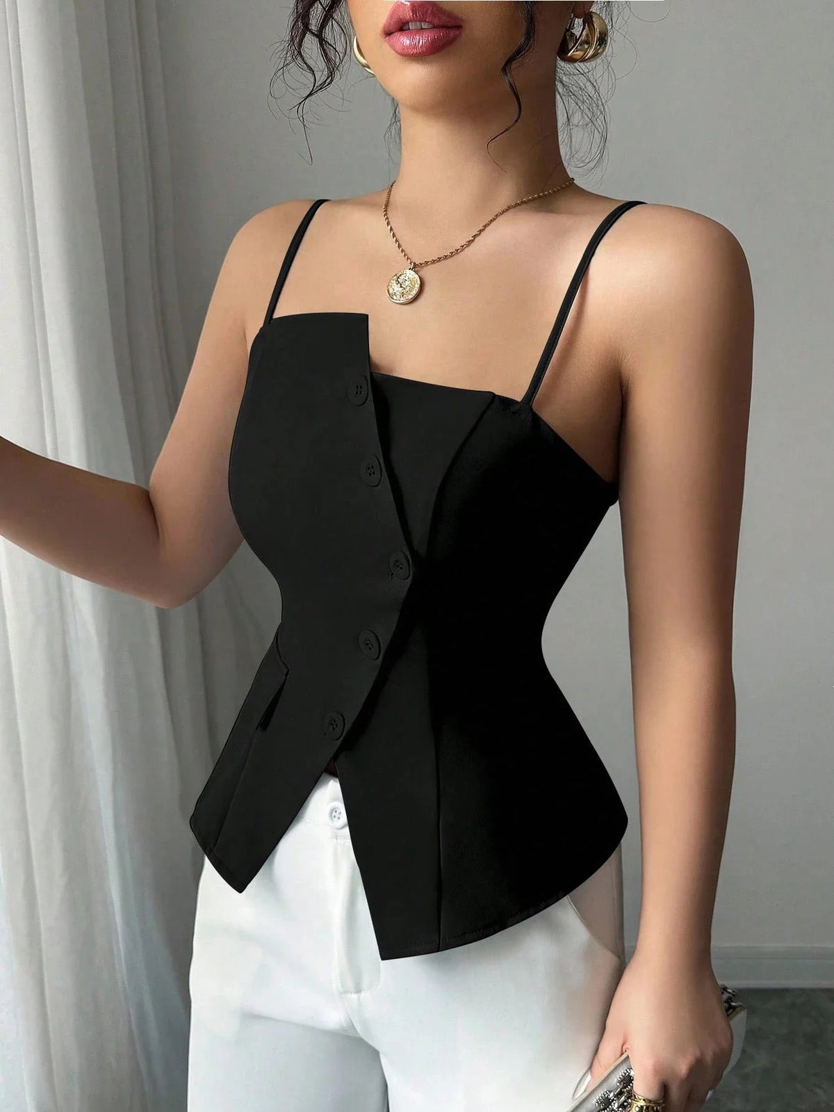 Asymmetric Button Thin-Strap Cami Top