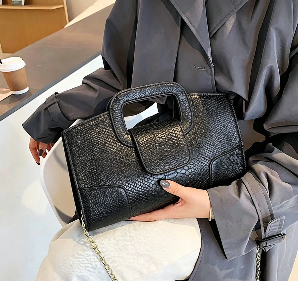 Croc-Grain Faux-Leather Evening Bag