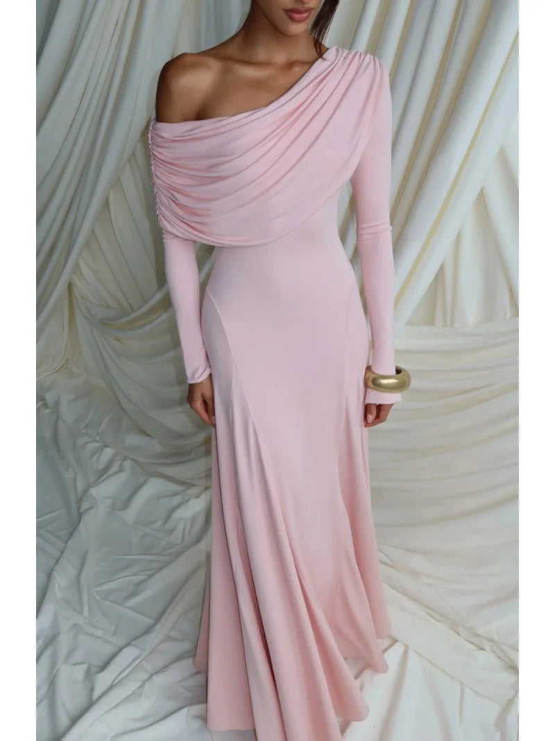 Off-Shoulder Oblique-Collar Dinner Dress