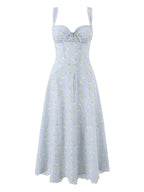 Light Blue Floral Sweetheart Ruffle-Strap Dress
