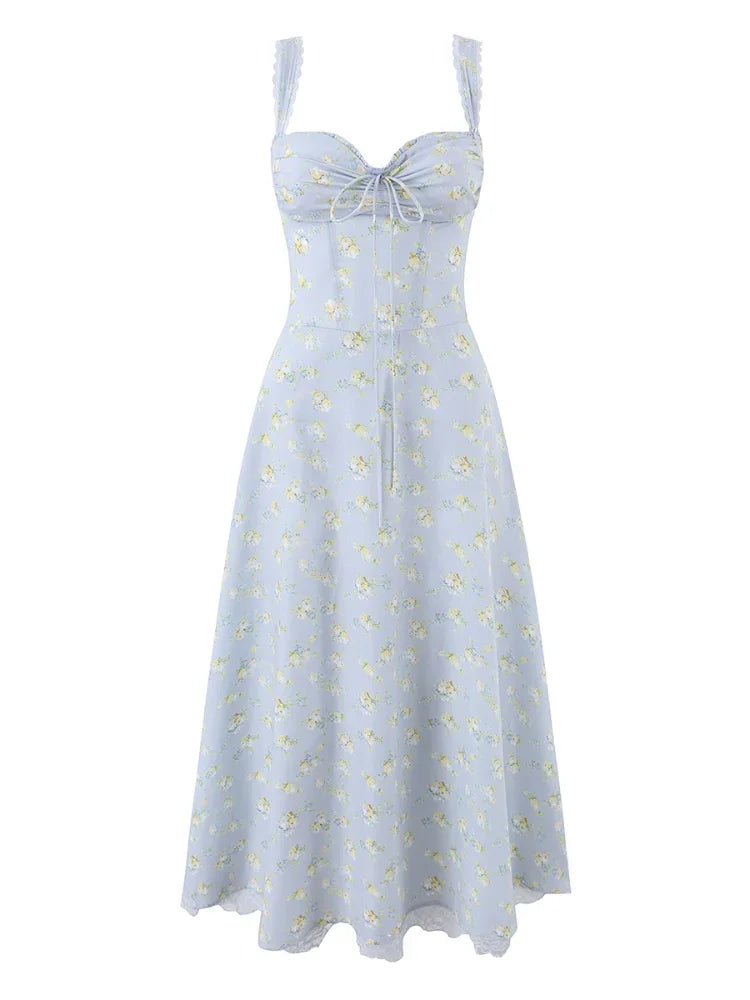 Light Blue Floral Sweetheart Ruffle-Strap Dress