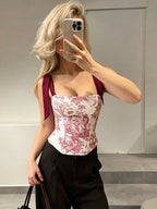 Print Bow-Tie Lace-Up Corset Top