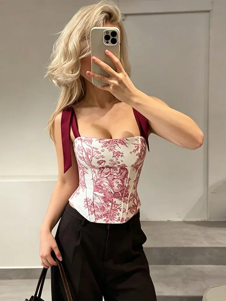 Print Bow-Tie Lace-Up Corset Top