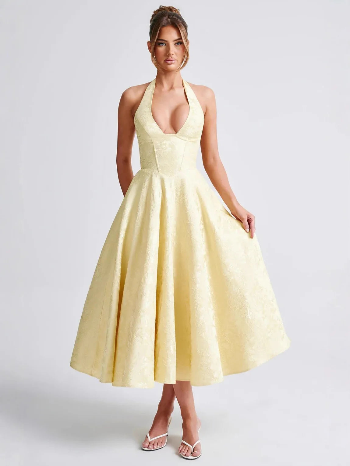 Jacquard Backless Lace-Up Corset Midi Dress