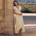 French Floral Deep-V Flutter-Sleeve Mermaid Maxi Dress