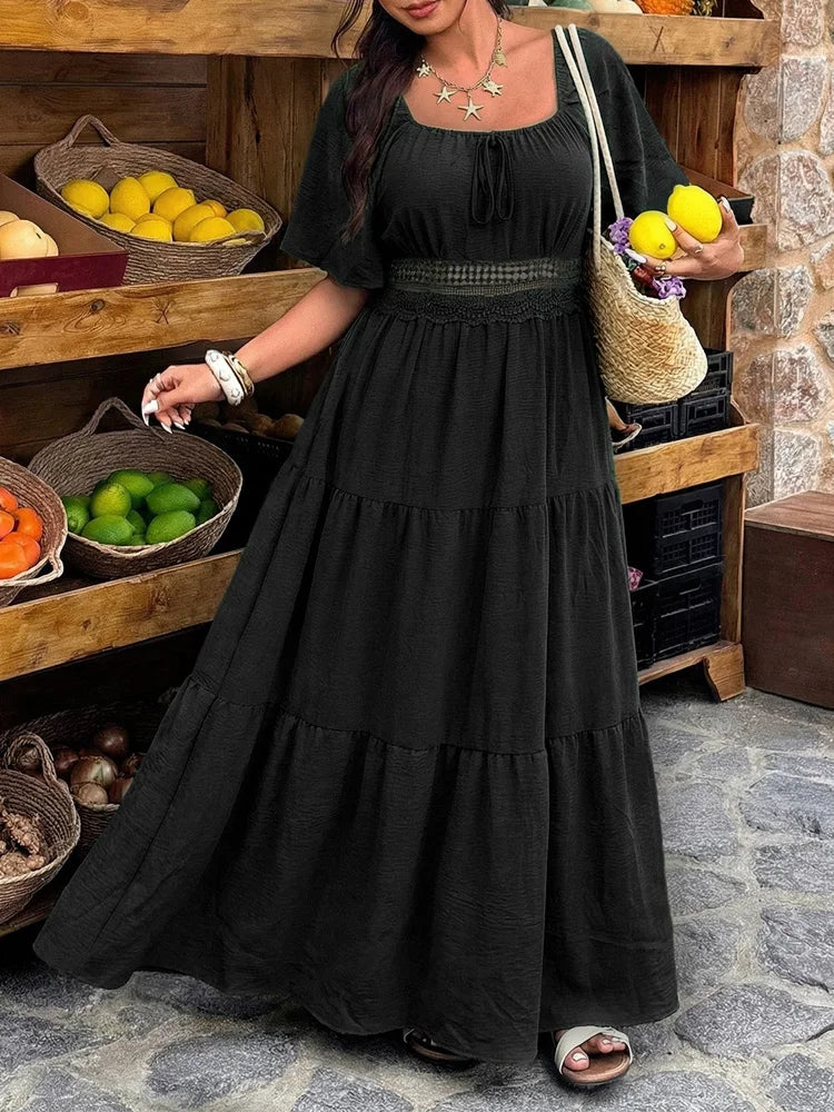 Floral Square-Neck Knot-Front Maxi Dress