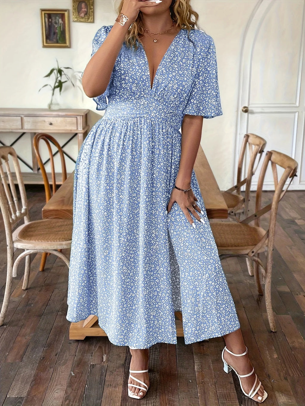 Floral V-Neck Waist-Cinched A-Line Dress