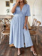 Floral V-Neck Waist-Cinched A-Line Dress