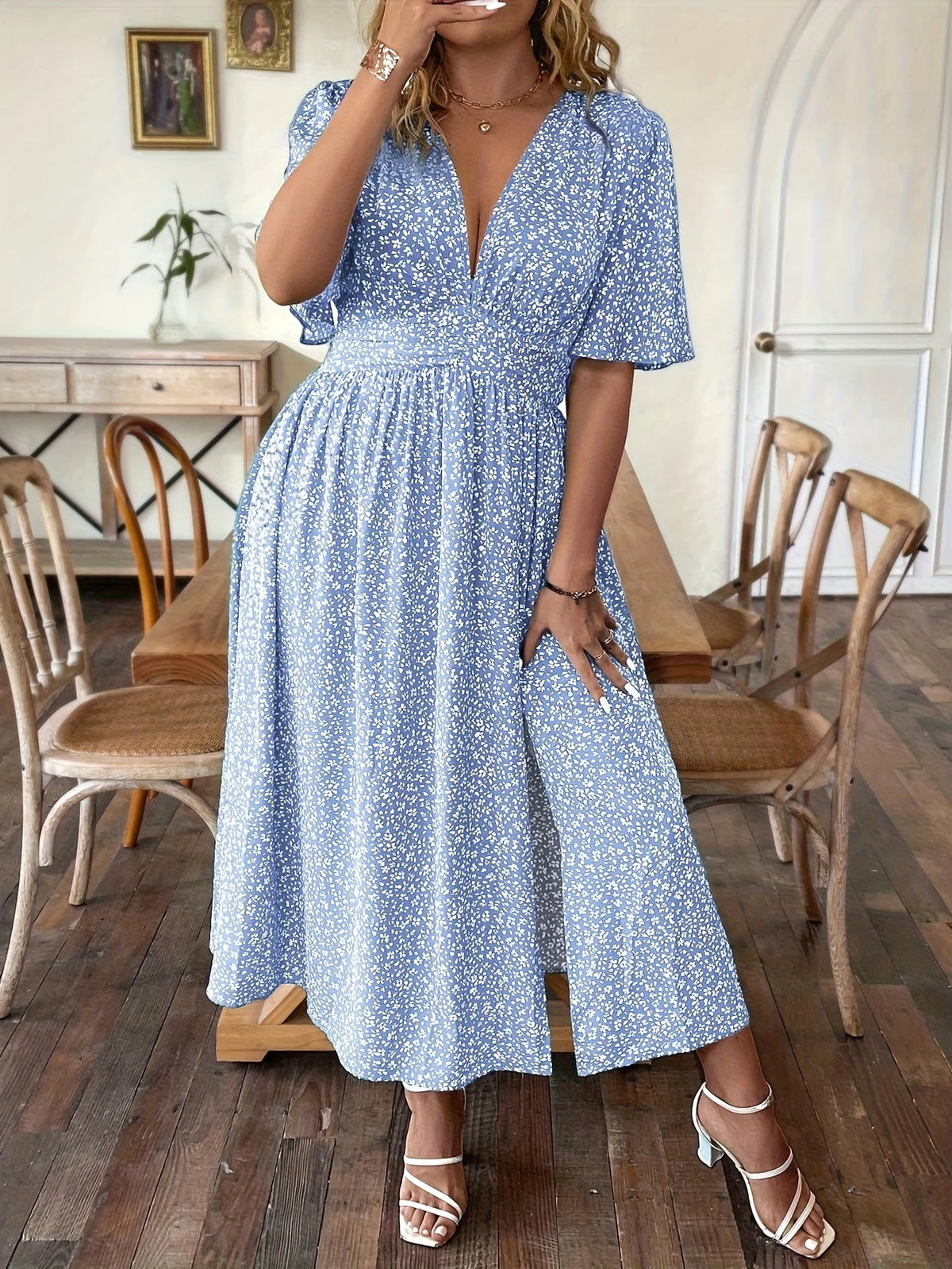 Floral V-Neck Waist-Cinched A-Line Dress