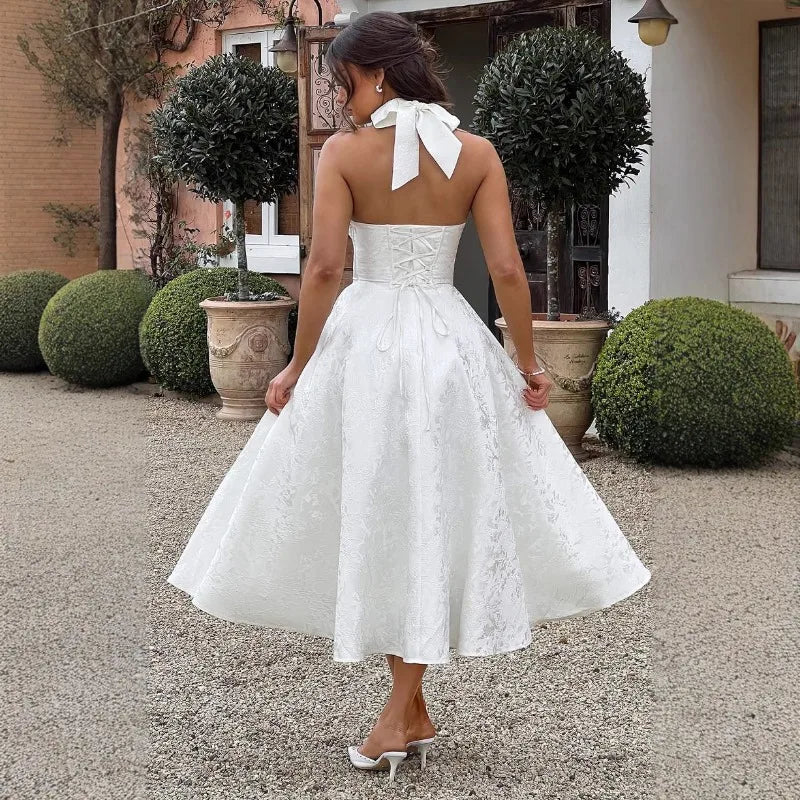 Jacquard Backless Lace-Up Corset Midi Dress