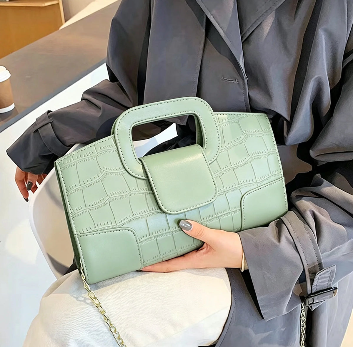 Croc-Grain Faux-Leather Evening Bag