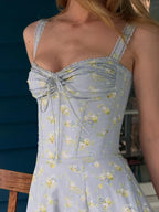 Light Blue Floral Sweetheart Ruffle-Strap Dress