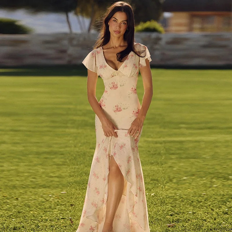 French Floral Deep-V Flutter-Sleeve Mermaid Maxi Dress