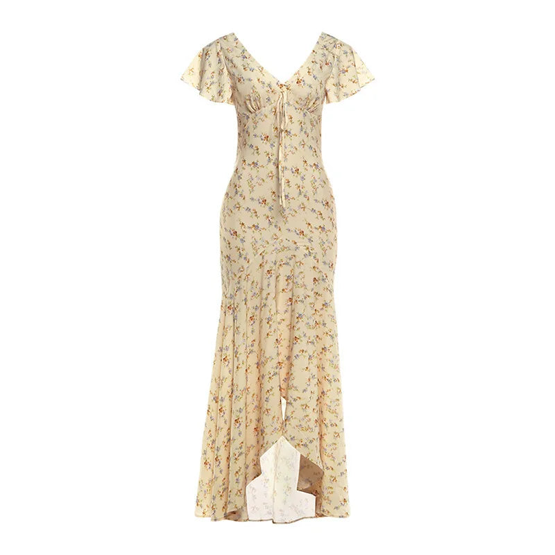 French Floral Deep-V Flutter-Sleeve Mermaid Maxi Dress