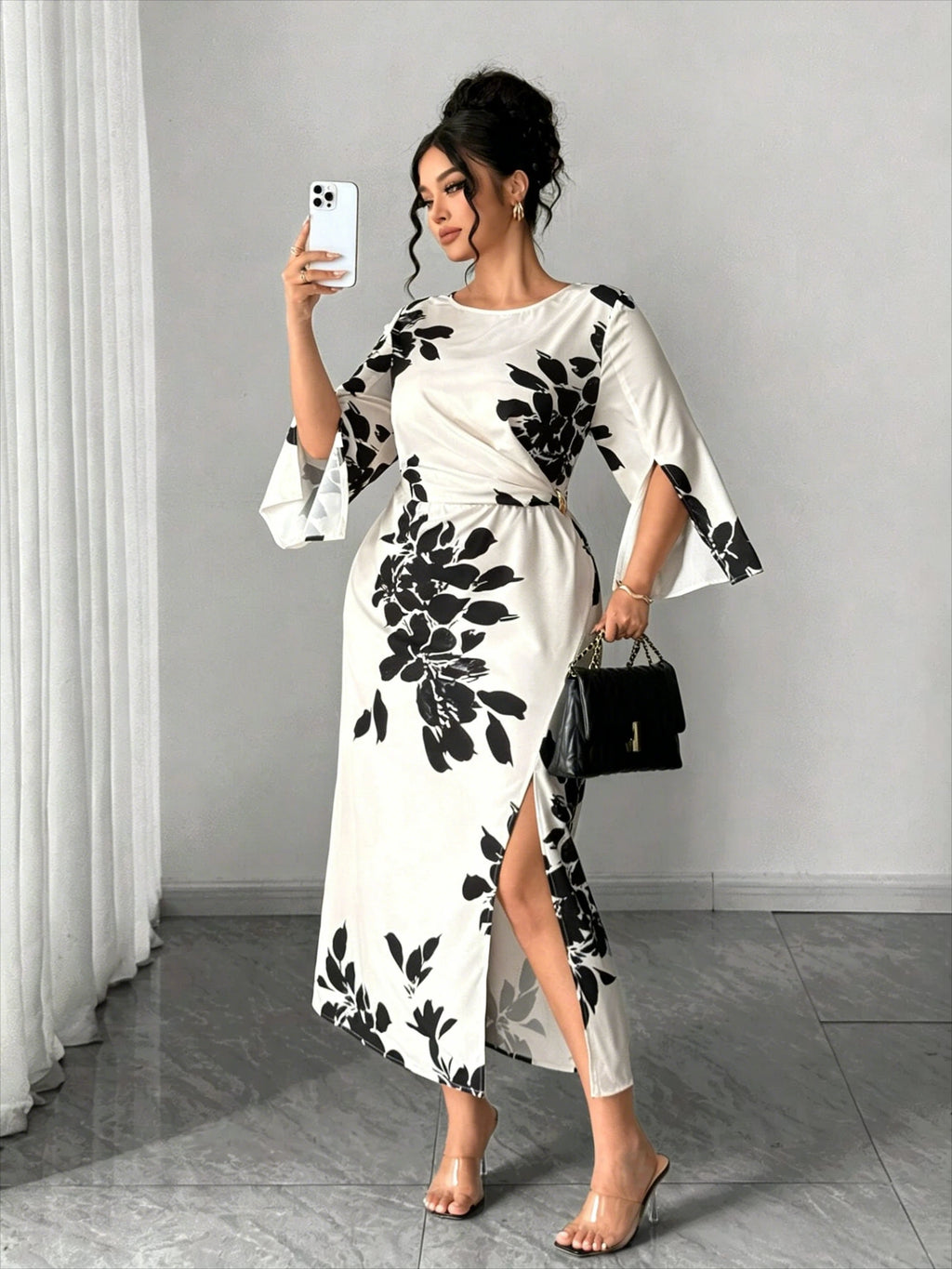 Printed Split-Cuff Slim Dress