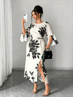 Printed Split-Cuff Slim Dress