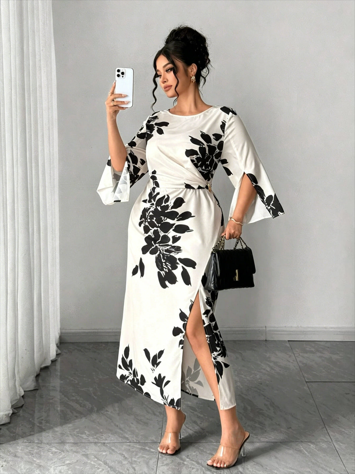 Printed Split-Cuff Slim Dress