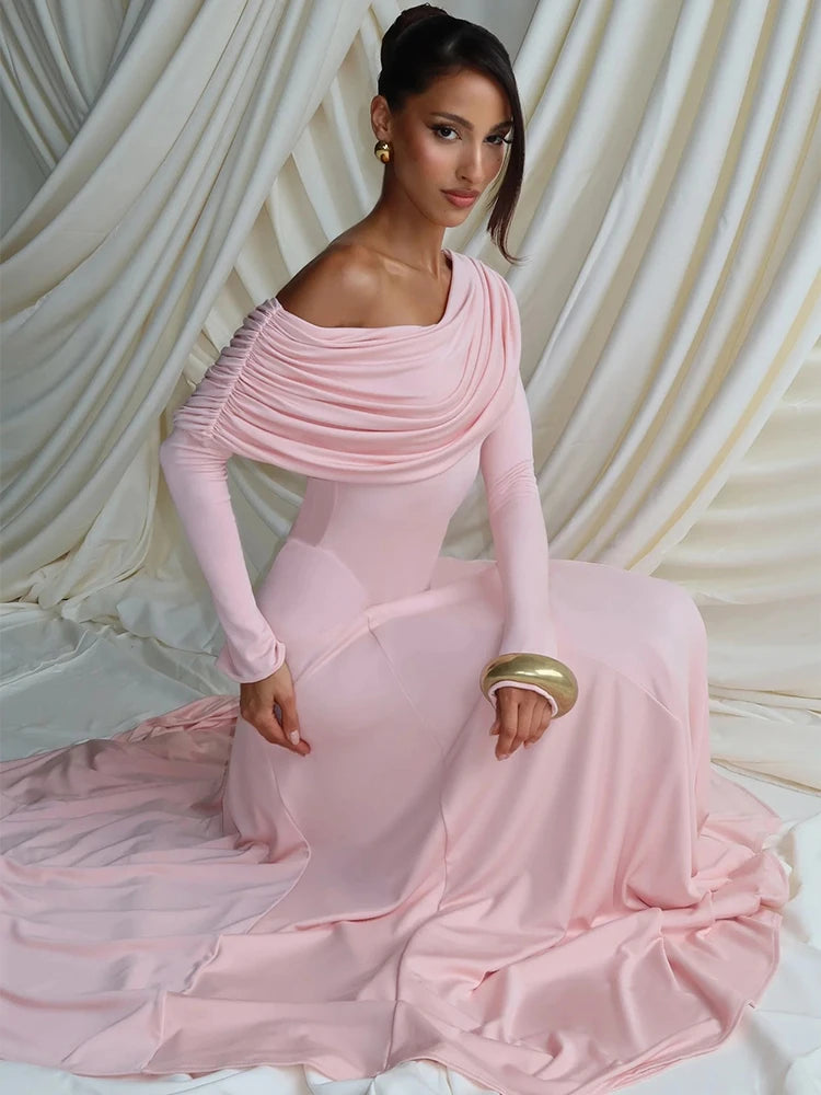 Off-Shoulder Oblique-Collar Dinner Dress