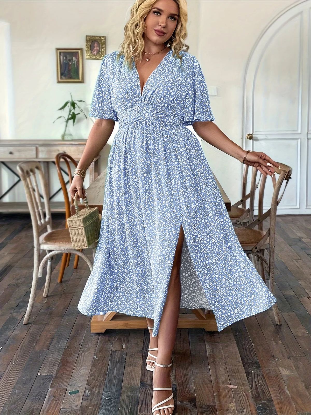 Floral V-Neck Waist-Cinched A-Line Dress