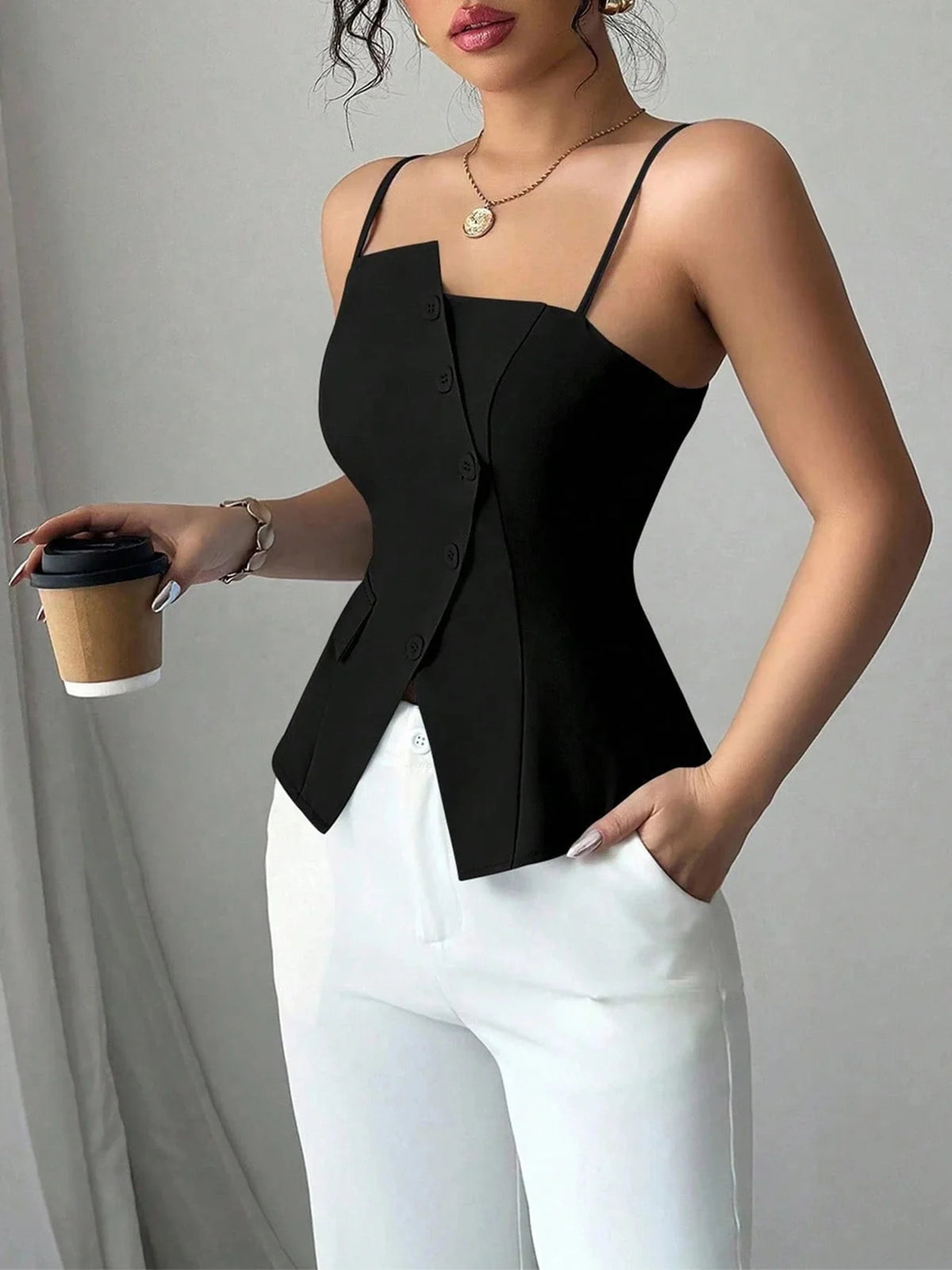Asymmetric Button Thin-Strap Cami Top
