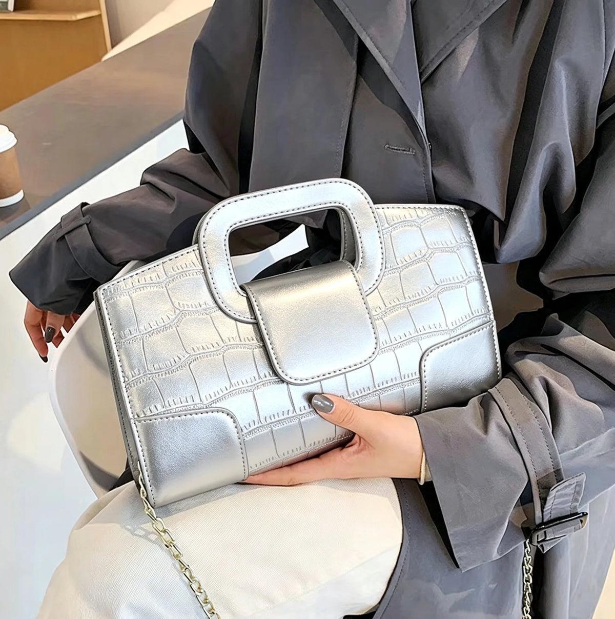 Croc-Grain Faux-Leather Evening Bag