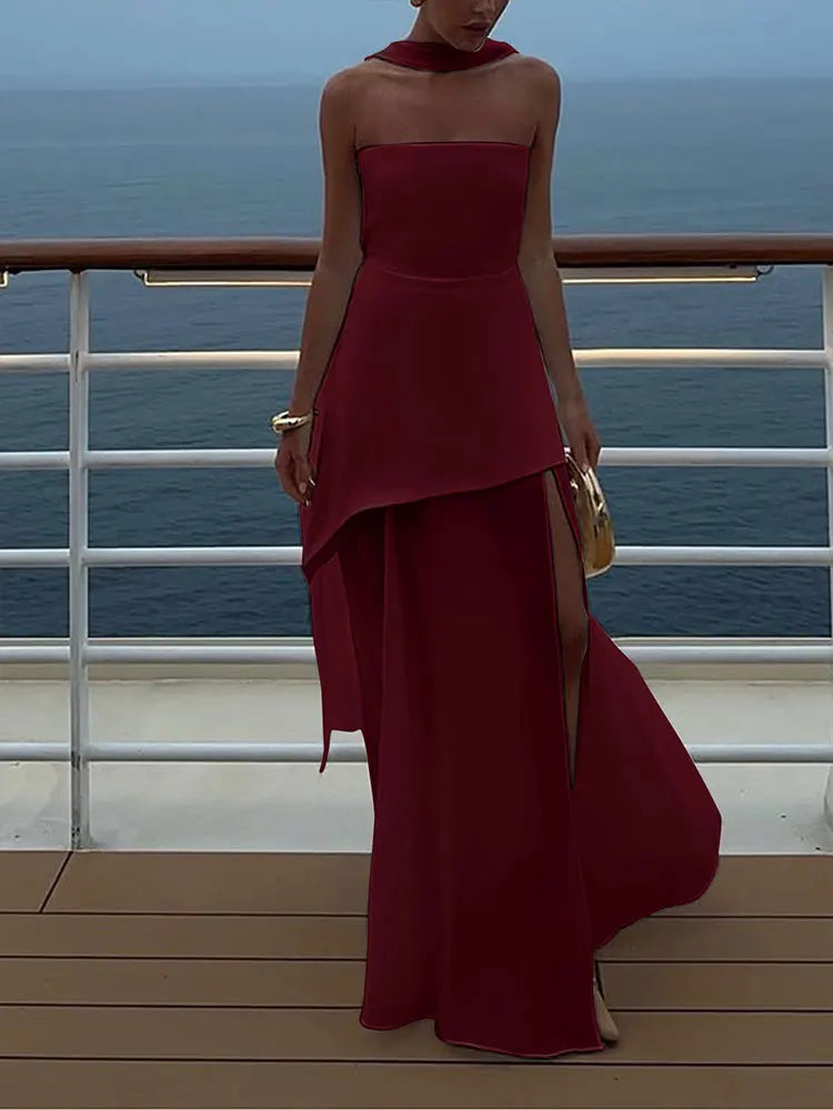 Sleeveless Side-Split Strapless Maxi Dress