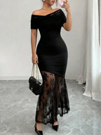 Asymmetric Neck Lace Patchwork Mermaid Maxi Dress