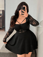 Lace Long-Sleeve Ruched Mini Dress