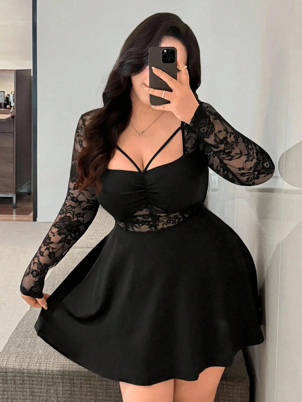 Lace Long-Sleeve Ruched Mini Dress